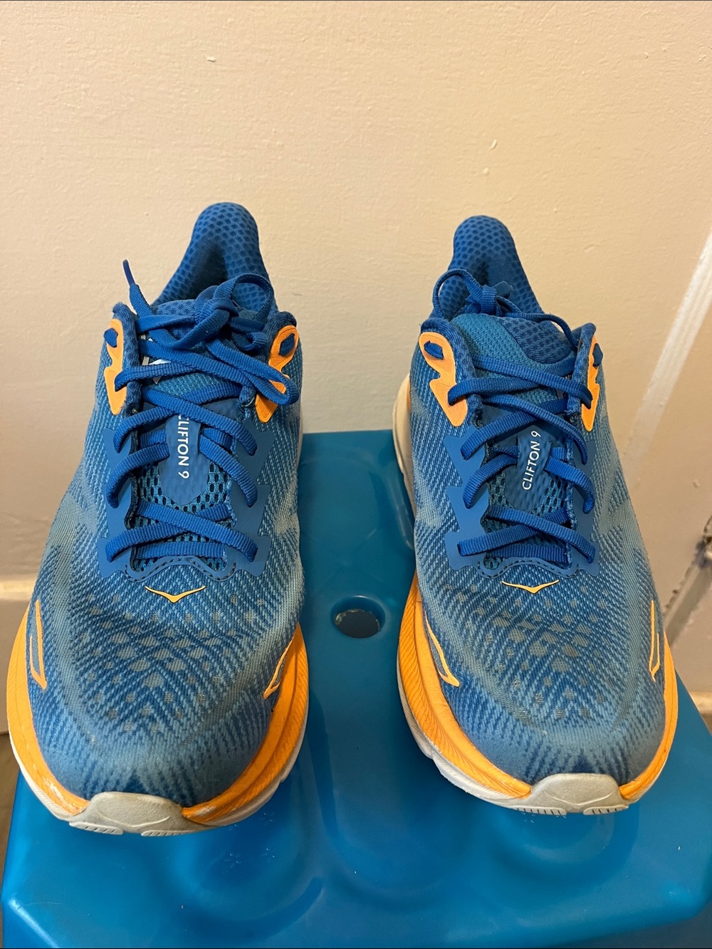 Hoka Clifton 9 Men's Running Shoes - Blue with Orange Accents